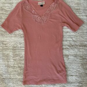 Lace Trim Cotton Pink Ribbed Top